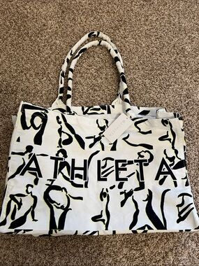 Athleta White Canvas Tote with Black Abstract Print and Yellow Accents